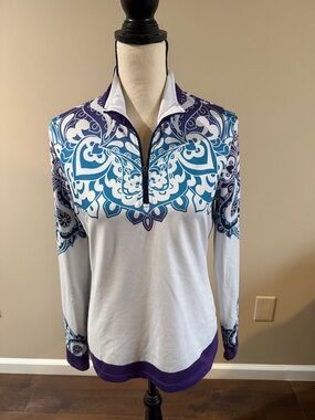 Athleta White Long-Sleeve Top with Blue & Purple Print